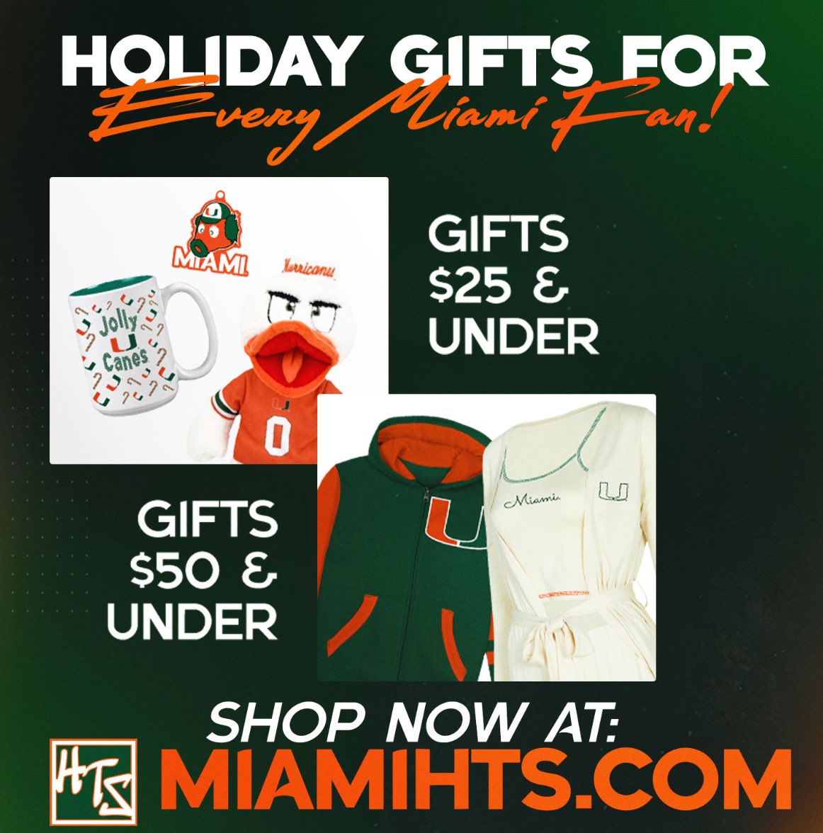 CanesConnection's tweet image. Holiday gifting made easy, Miami fans! 🎄Score great gear at $25 &amp;amp; under and $50 &amp;amp; under — shop now @MiamiHTS online or in-store! 🙌 miamihts.com/pages/gift-gui…