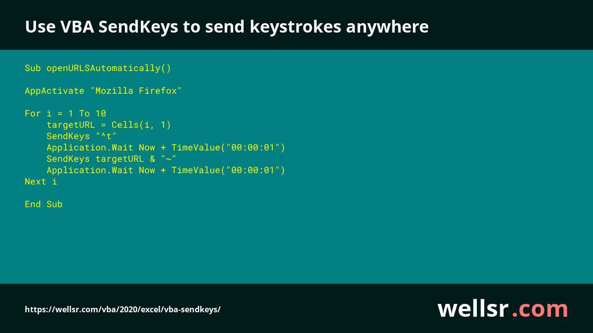 ryanwellsr's tweet image. Use VBA SendKeys to send keystrokes anywhere
Full tutorial: wellsr.com/vba/2020/excel…