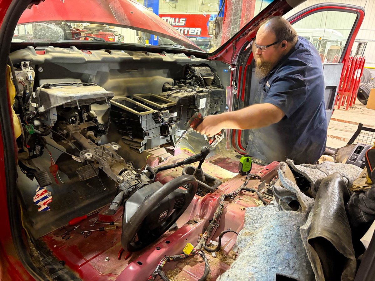 OKTireStoreND's tweet photo. Dekker is hard at work replacing a heater core on a drilling truck in Brandon. Big tear down, but the heat will be cranking when he's done. #OKbrandonMN https://t.co/uneLfSUdBT