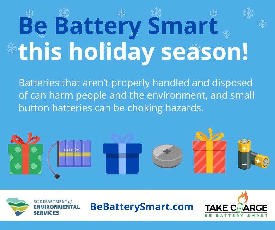 SC_EnvServices's tweet photo. Improper use/disposal of household batteries (found in toys & electronics) can harm people & the environment.
Protect SC by handling them correctly! Read our #newsrelease for safe disposal tips: https://t.co/uQqxZSRniB
#SCDES #BatterySafety #HolidaySafety #BeBatterySmart https://t.co/f6Ybxz9B0a