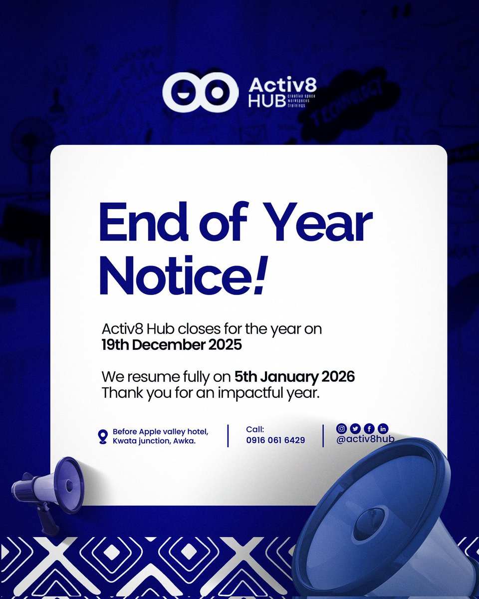 activ8hub's tweet photo. We’re closing our doors for the year, but the vision remains wide open.

Closing date: 19th December
We resume: 5th January

Thank you for being part of our journey. Same mission, bigger moves next year.
See you soon.

 #workspaceinawka #studiorentalinawka #Digitalspaceinawka https://t.co/goB6TCPiTH