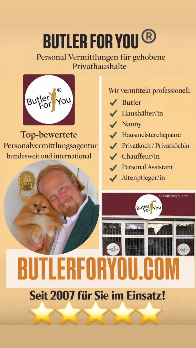 Butler_For_You's tweet image. BUTLER FOR YOU®️ ist eine Inhabergeführte Recruitment-Agentur mit Sitz in Berlin. Top-Fachkräfte, Top-Auftraggeber. Wie man sie zusammenbringt weiß Sebastian Hirsch! Lassen auch Sie sich ein attraktives Angebot mit Top Fachkräften erstellen 👉 butlerforyou.de