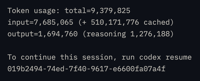 와, GPT 5.2에 추론 노력 레벨을 최고로 높여서 코덱스 작업을 하니까 정말 대단하네요. 밤새도록 쉴 새 없이 돌아가면서 천천히, 하지만 확실하게 작업을 처리해 나갔어요. 한 세션에 캐시된 토큰을 5억 번이나 읽