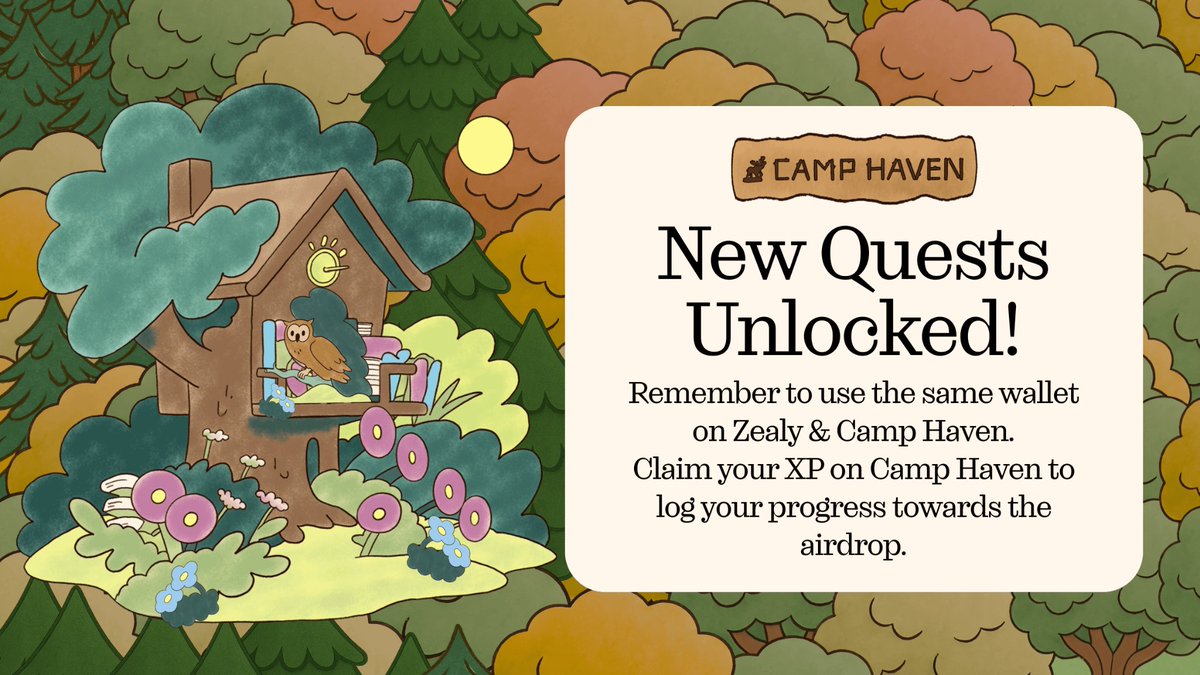 New quests have just dropped in Camp Haven!🏕 🫎
 
This week you'll uncover more about our beloved Vera the Owl, take on pattern-spotting and reflection challenges, and join a set of social quests tied to our <a href="/alt_layer/">AltLayer</a> and <a href="/eigencloud/">EigenCloud</a> partnerships.
 
Your move, camper. 🎒