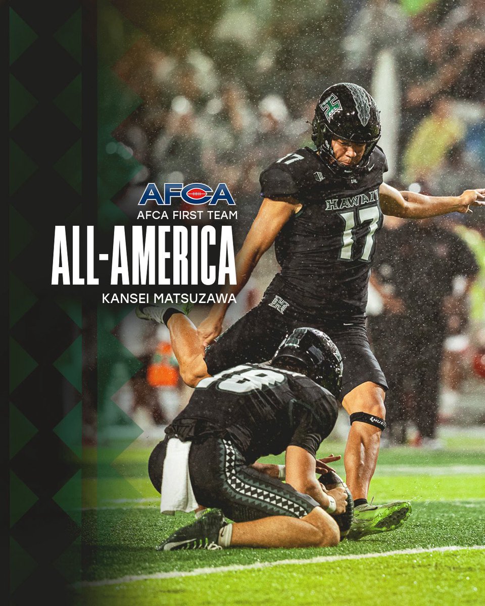 HawaiiFootball's tweet photo. The Tokyo Toe is one of one 🇺🇸🇯🇵

Kansei Matsuzawa earns first-team AFCA All-America honors, making him the first consensus All-American in program history!

#BRADDAHHOOD x @kan08sei https://t.co/NZ47OCmCny