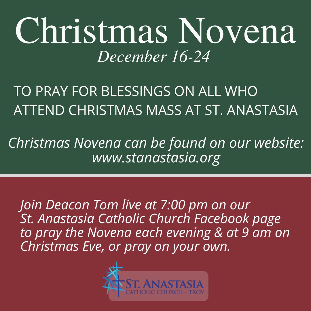Pray with Deacon Tom live on our St. Anastasia Catholic Church Facebook page each evening at 7 pm.

Christmas Eve will be at 9 am.

See our website for details:
stanastasia.org