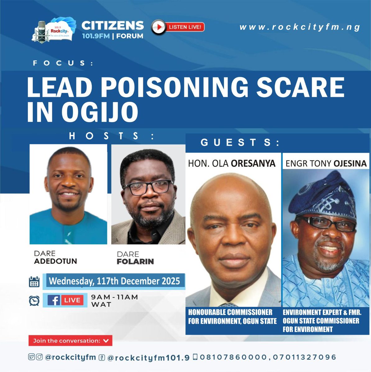 Join me tomorrow on <a href="/rockcityfm/">Rockcity 101.9FM</a> to discuss ‘Lead Poisoning Scare in Ogijo’ ⏰ Tune in from 9 a.m. - 11 a.m.! 📻 #LeadPoisoning #Scare #Ogijo #Radio #Discussion