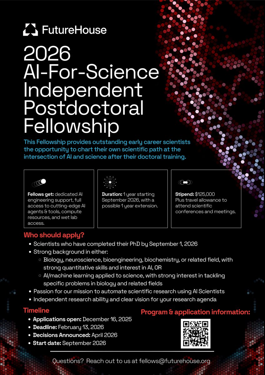 Postdoc fellowship applications at <a href="/FutureHouseSF/">FutureHouse</a> are open again! This is a great way to learn how to apply ML and AI agents to problems in biology and chemistry. You'll get a competitive stipend and work with a great team (including resident AI agent wizard <a href="/GWellawatte/">Geemi Wellawatte</a>)!