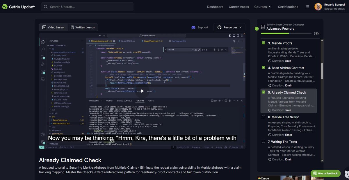 rosarioborgesi's tweet image. Day 32 of Advanced Foundry with @CyfrinUpdraft 🚀

Today’s progress:
✅ Project Setup
✅ Merkle Proofs
✅ Base Airdrop Contract

Started section 5: Airdrop and Signatures! 🔥