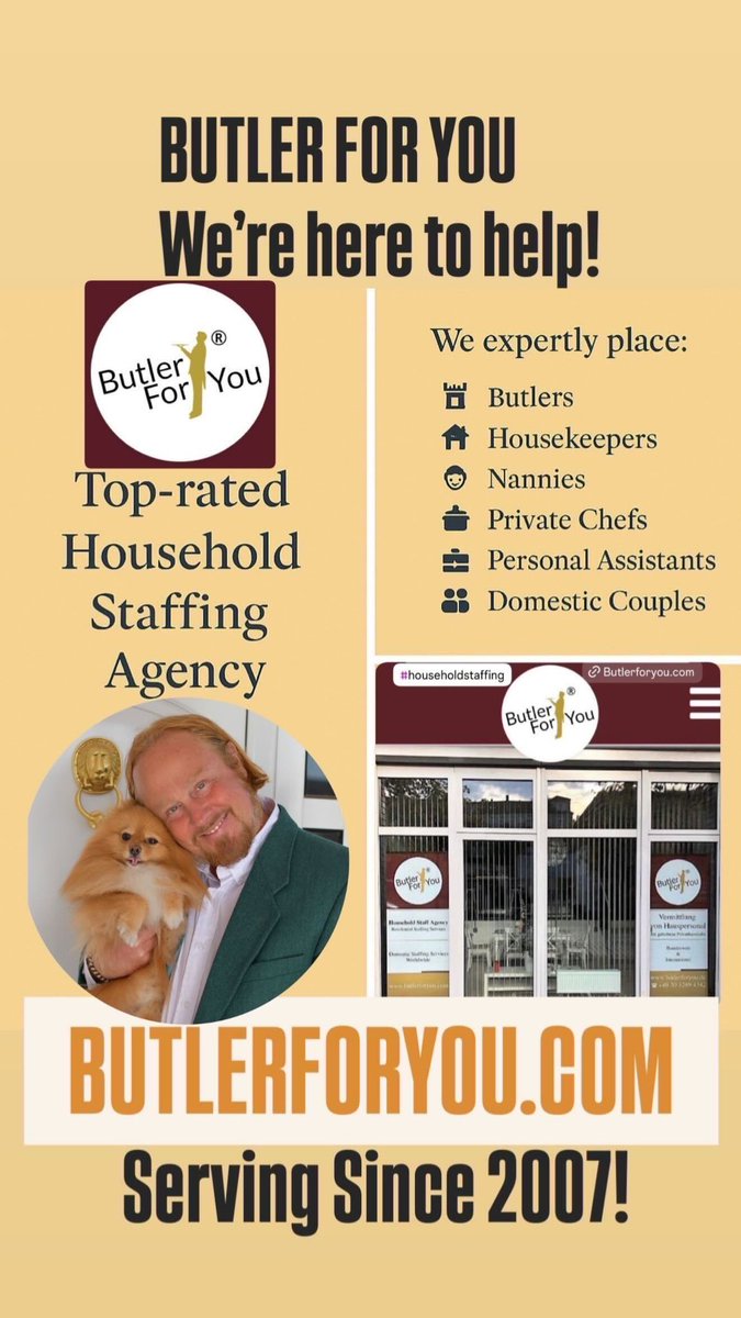 Butler_For_You's tweet image. BUTLER FOR YOU®️ loves to help! Serving Since 2007! We are a Recruitment Agency with a global presence 🌍✨! We specialize in household staff search including completely confidential assignments, focusing on filling even the most challenging positions butlerforyou.com