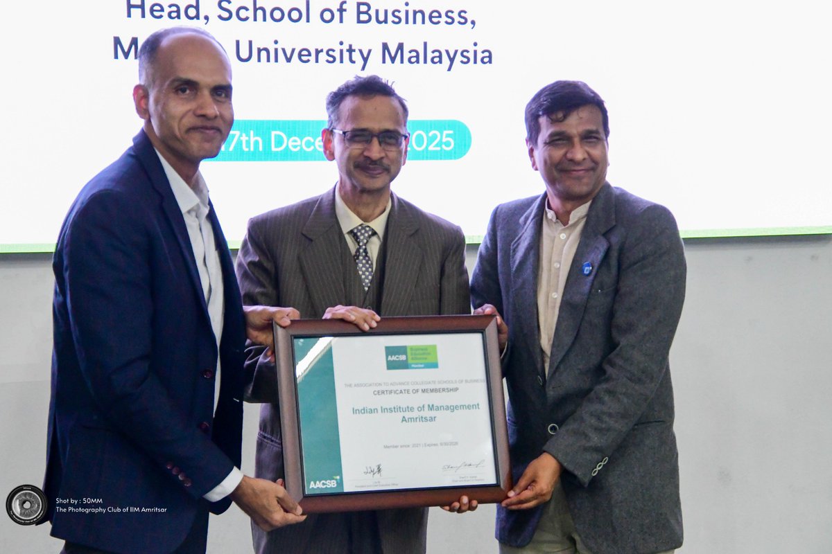 IIMAmritsar's tweet image. IIMAm &amp;amp; AACSB ⭐ 
IIMAm hosted Mr Prathap Das, Regional Head-South Asia, AACSB, who presented the AACSB Membership Certificate to Prof Samir K Srivastava.
Key highlights: AACSB@110, Vision 2030, leadership dialogues &amp;amp; global impact 🌍🌱
#IIMAm #AACSB #Accreditation