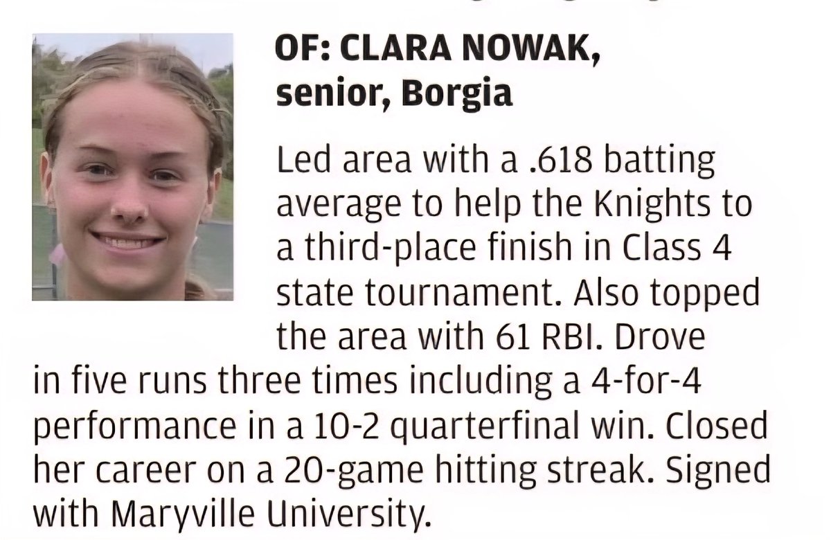 Congratulations to Clara Nowak who was named to First Team, St. Louis All-Metro Fall Softball Team!