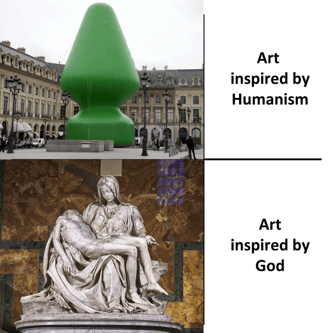 Art inspired by humanism often shocks the eye.
Art inspired by God reaches the soul.

One demands attention. The other invites silence. 

Modernity calls the first progress.

History will decide which one understood us better.