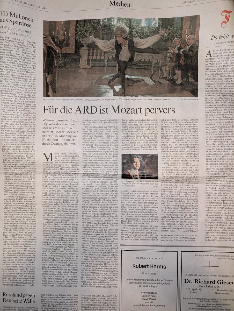 gjonitz's tweet image. Sehr guter Kommentar der neuen ARD Serie über Mozart vs. Mozart in der @faznet von heute.
So ziemlich alles im Drehbuch ist erlogen und verbogen. Ein Tiefpunkt des #ÖRR