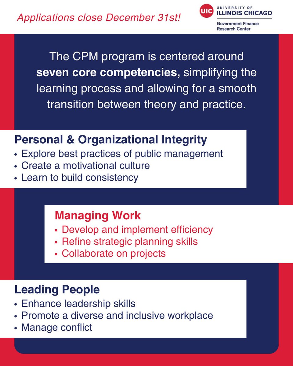 govfinanceUIC's tweet image. Curious about the Illinois Certified Public Manager® #curriculum? Click through to read more about the seven core competencies this program offers, and don't forget to apply now before our application deadline of 12/31!