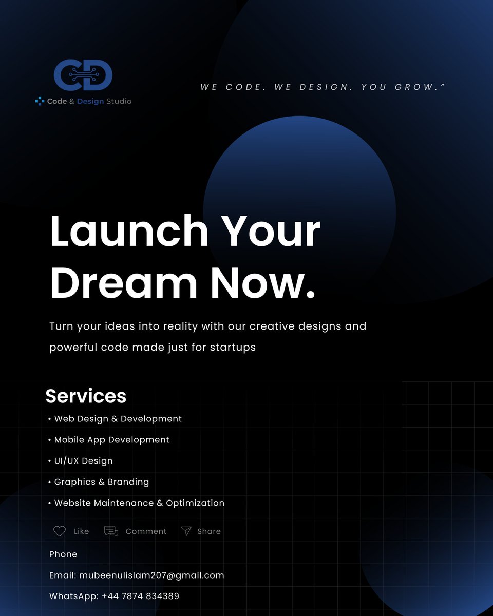 codedesignstudi's tweet photo. 🚀 We’ve launched Code &amp; Design Studio!
We help startups &amp; businesses grow with web &amp; app development, UI/UX, branding, video editing &amp; more.

📞 +92 302 2315497 | +92 315 2362736
We Code. We Design. You Grow. ✨

#DigitalAgency #WebDevelopment #AppDevelopment #UIDesign #Branding https://t.co/3EDdc0Oeiw