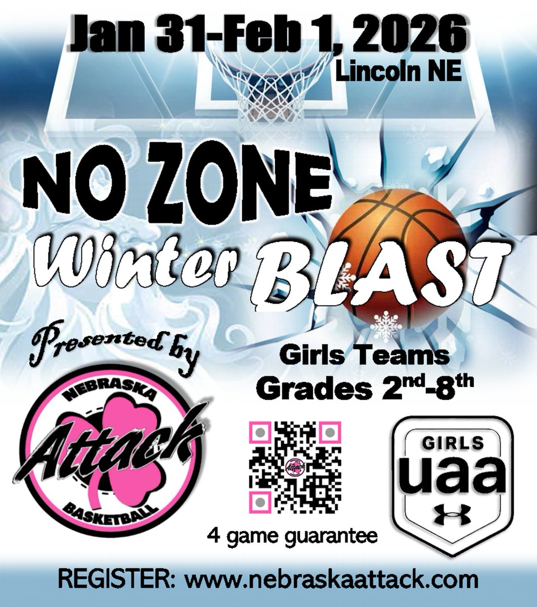 🏀NO ZONE Winter Blast Tourney Jan 31-Feb 1, 2026
🗺️Teams from multiple states, meeting up for fun &amp; competitive matchups!
Don’t Get Left Out! It's time to get registered!
💻 tinyurl.com/3fdku3vj
⭐Girls 2nd-8th (multiple divisions)
⭐4 games+
⭐Lincoln, NE
⭐No 1/2 crt Zone D