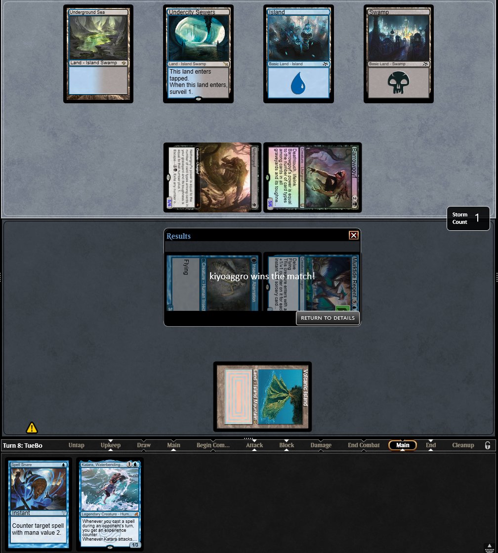 5-0🏆Ur katara delver
もみ消しピアス多めで戦えている青単デルバーから構築スタートし、構えと相性のいいカタラを採用
赤要素はなるべく少なくし、メインは稲妻のみ

UB2連戦を制しての勝ちは嬉しいね
mtggoldfish.com/deck/7516562#p…