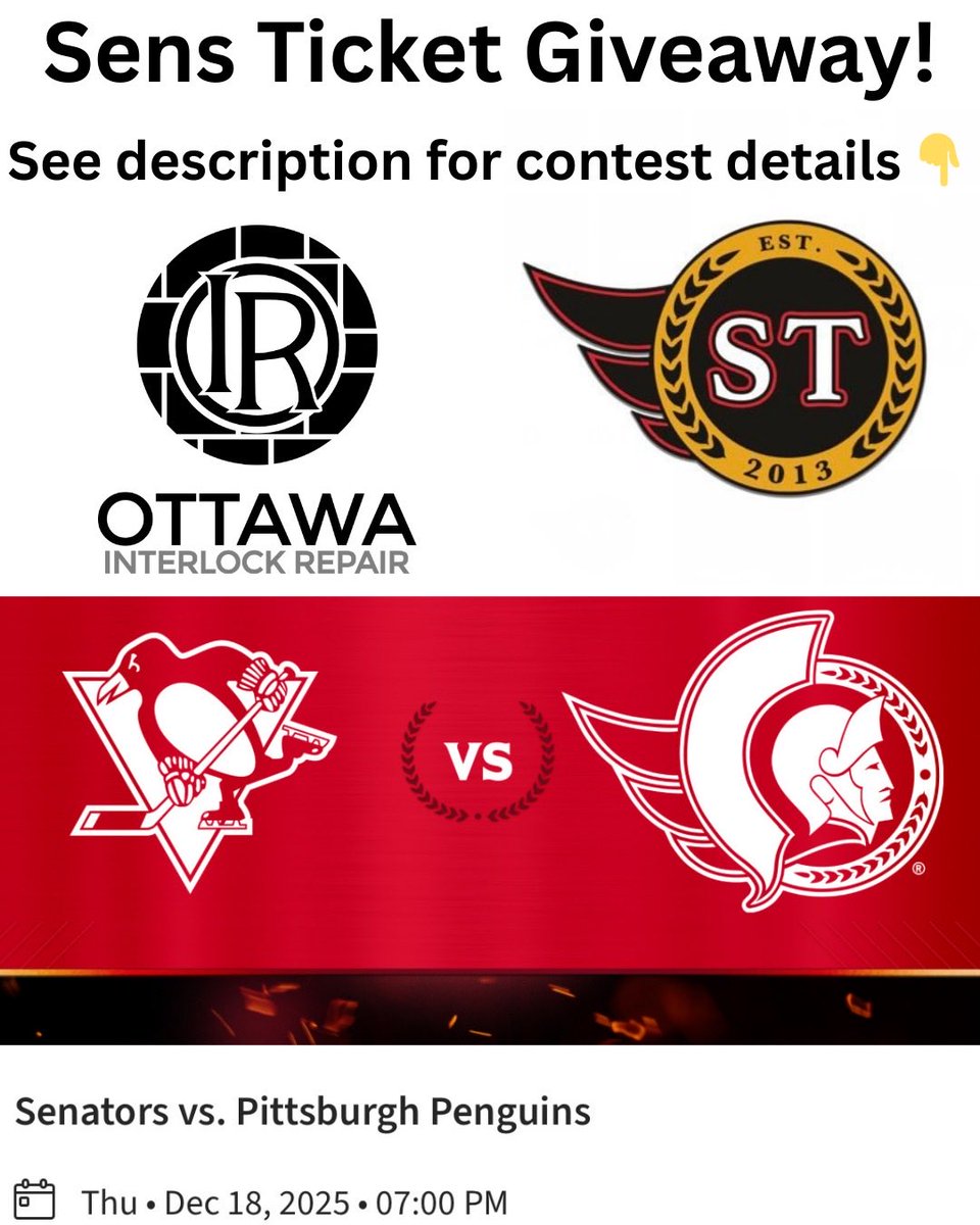 🚨TICKET GIVEAWAY!🚨

We’re GIVING AWAY a pair of 100 level GLASS SIDE tickets for Thursday’s game against the Pittsburgh Penguins!

JUST:

1. RETWEET
2. Follow <a href="/senstalk_/">SENS TALK</a> &amp; <a href="/interlockrepair/">Ottawa Interlock Repair</a> 
3. Subscribe to SENS TALK on YouTube (reply w/ proof)

Winner announced Thursday AM!