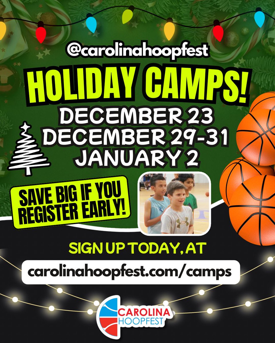 NChoopfest's tweet image. Holiday hoops are HERE! ❄️🏀 
Camps on  12/23, 12/29-12/31, 1/2 + more! 
Sign up at carolinahoopfest.com/camps