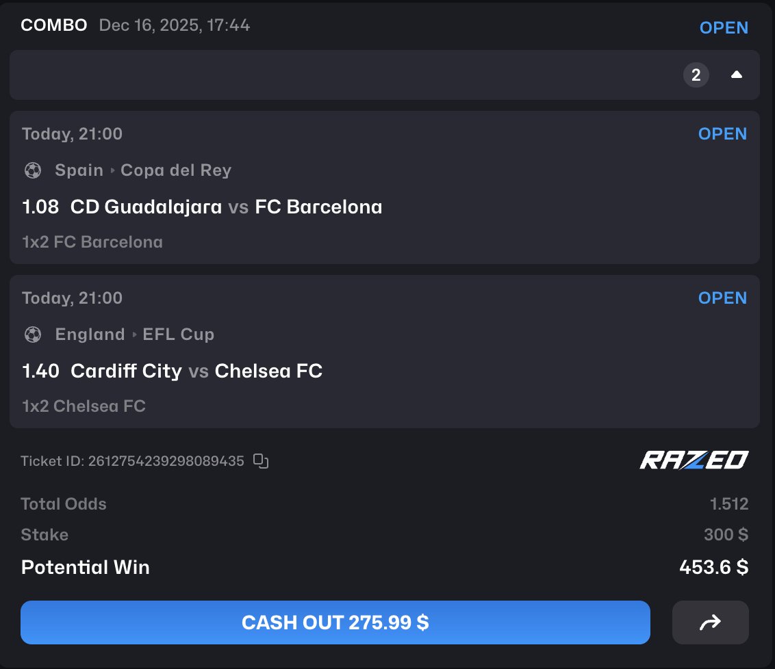 Quiet football day… so we had to get surgical 🧠💸

Just a clean little parlay:
🔵 Barça to do their thing
🔵 Chelsea to handle business
Nothing forced. Nothing crazy. Just vibes 🤝
Only <a href="/Razedcom/">Razed</a>