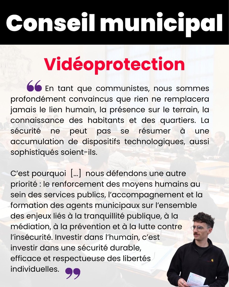 🔴 Conseil municipal
La sécurité ne se résume pas aux caméras.

👥 Présence humaine
🤝 Médiation &amp; prévention
🏘️ Connaissance des quartiers

👉 Investir dans l’humain, c’est une sécurité durable et respectueuse des libertés.