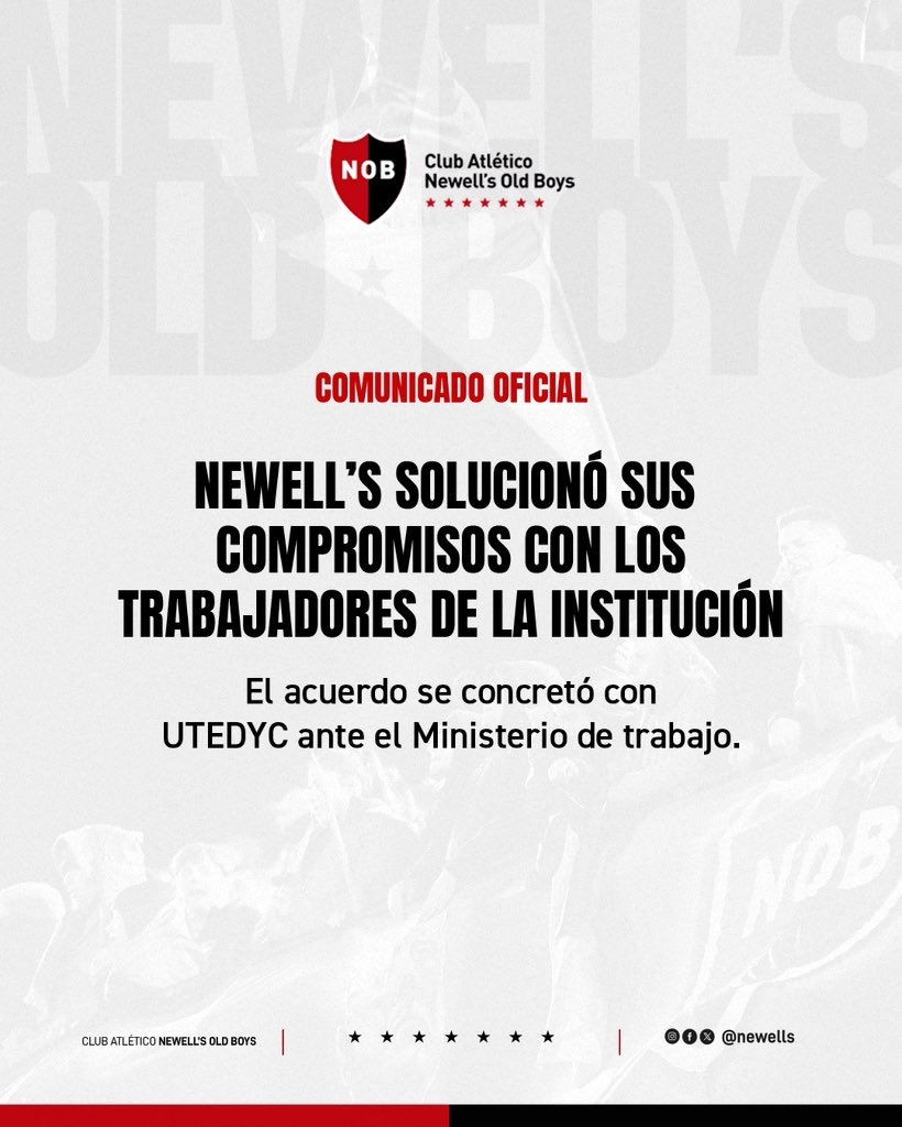 COMUNICADO OFICIAL

En el día de la fecha, se llevó a cabo una audiencia en el Ministerio de Trabajo, Empleo y Seguridad Social de la Provincia de Santa Fe, en el marco del expediente administrativo iniciado, con la participación de directivos del Club Atlético Newell’s Old Boys
