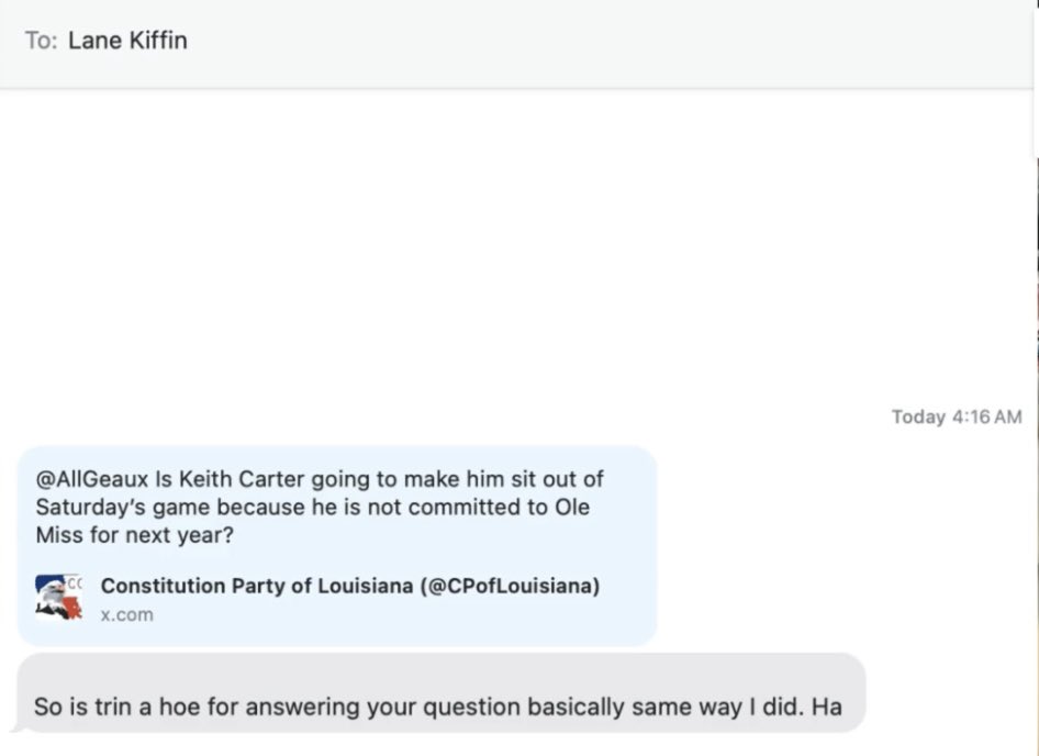 Lane Kiffin's text to <a href="/SpiritBen/">Ben Garrett</a> this morning at 4:16 AM...

Major bitter-ex behavior. This man has got to move on 😭
