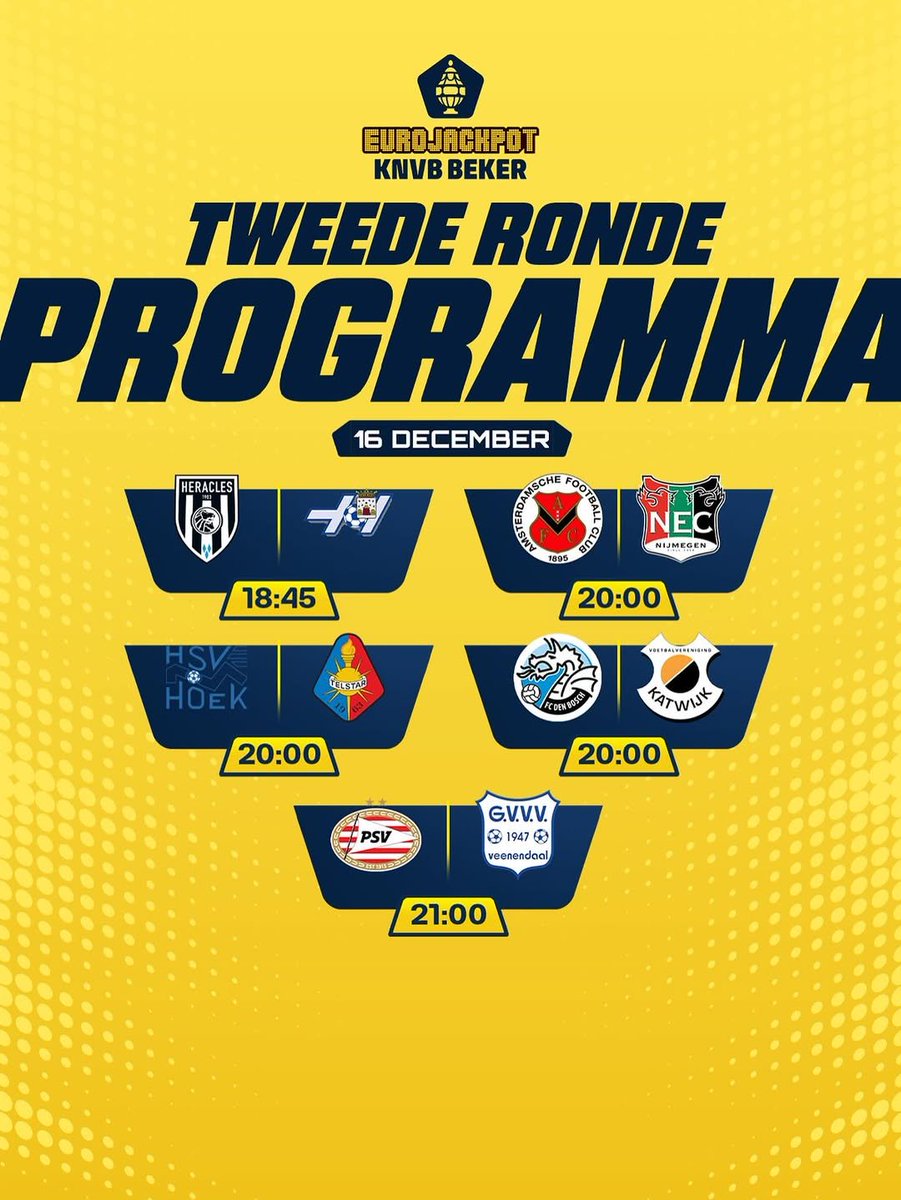 📆 PROGRAMME DU JOUR 👇

🏆 18h45 : Heracles Almelo 🆚 VV Hoogeveen
📺 ESPN 2 🇳🇱

🏆 20h : AFC 🆚 N.E.C.
📺 ESPN 1 - Multiplex 🇳🇱

🏆 20h : HSV Hoek 🆚 SC Telstar
📺 ESPN 1 - Multiplex 🇳🇱

🏆 20h : FC Den Bosch 🆚 VV Katwijk
📺 ESPN 1 - Multiplex 🇳🇱

🏆 21h : PSV 🆚 GVVV
📺 ESPN