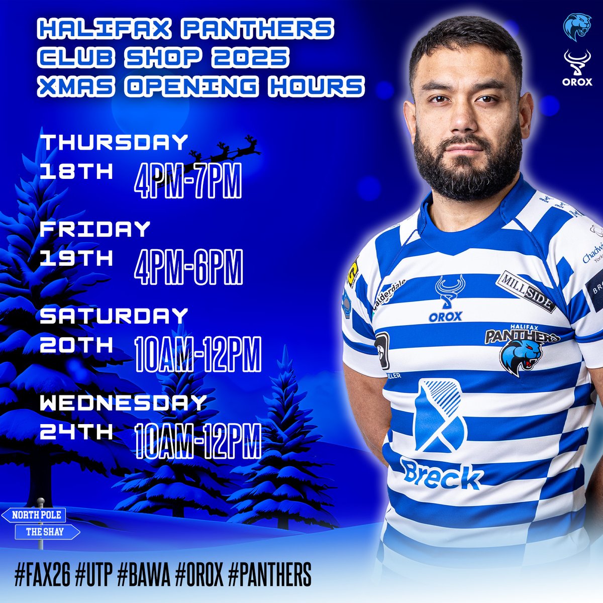 HalifaxPanthers's tweet image. 🎄 CLUB SHOP OPENING HOURS XMAS 2025 🎄

Our Official Store at The Shay is open this December in the run up to the big day with brand new merchandise on sale including 2026 replica shirts, teamwear and more 🔵⚪️🐾

Christmas Opening Hours: Thursday 18th 4-7pm, Friday 19th 4-6pm,…