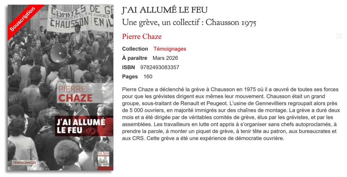 Chausson-Gennevilliers.  Une usine, les travailleurs en grève en 1975, la démocratie ouvrière ;  et maintenant aussi un témoignage en souscription aux Bons caractères.
lesbonscaracteres.com/livre/jai-allu…