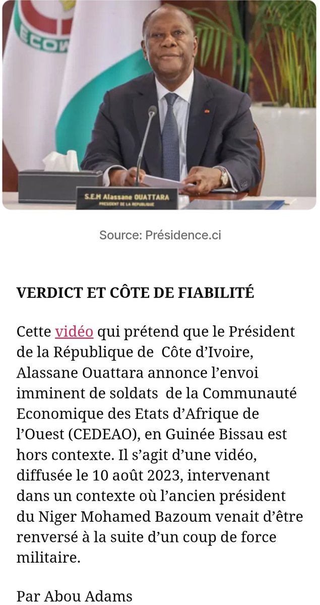 Le Président de la République de Côte d’Ivoire, <a href="/AOuattara_PRCI/">Alassane Ouattara</a> n'a jamais annoncé l’envoi imminent de soldats de la <a href="/ecowas_cedeao/">Ecowas - Cedeao</a>, en Guinée Bissau. 

À lire ici : celluleantifake.org/2025/12/15/une…

#CAFN #CotedIvoire #FactChecking