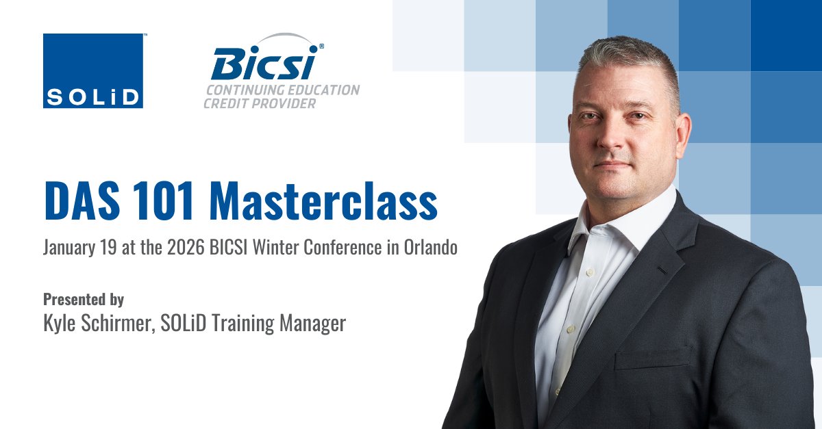 Master #DAS Fundamentals at <a href="/BICSI/">BICSI</a> Winter with <a href="/SOLiDUSA/">SOLiD</a>'s DAS 101 Masterclass on January 18 &amp; 19 in Orlando. This session provides a solid, brand-agnostic foundation in DAS principles for technicians.
Register here: hubs.ly/Q03Yl4yj0