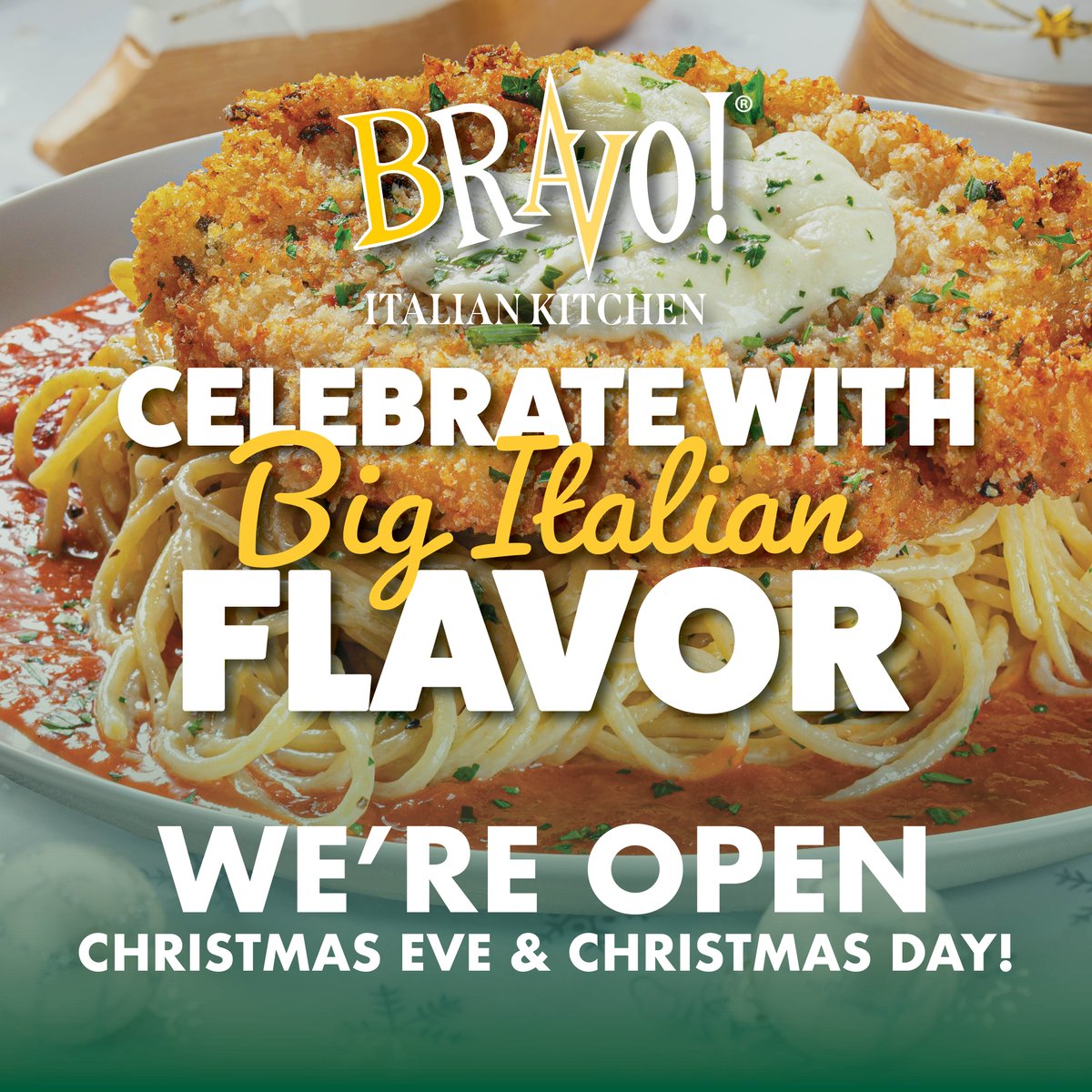 🎄✨ Celebrate the season with us! 🍝
We’re open Christmas Eve &amp; Christmas Day, join us for delicious Italian favorites, great company, and holiday cheer! ❤️ 

#BravoItalianKitchen #HolidayDining