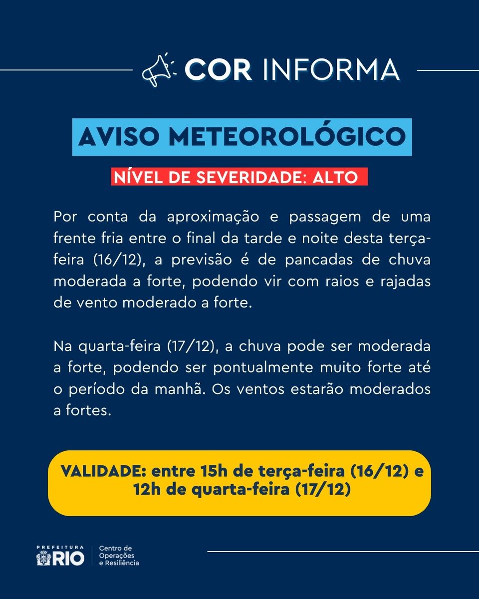 PREVISÃO DE CHUVA FORTE, COM RAIOS E VENTO FORTE A PARTIR DESTA TERÇA-FEIRA (16/12)

Atenção, carioca! O Sistema Alerta Rio emitiu um aviso meteorológico para a cidade do Rio, com validade a partir das 15h desta terça (16/12) até 12h de amanhã (16/12).

Fique atento e mantenha-se