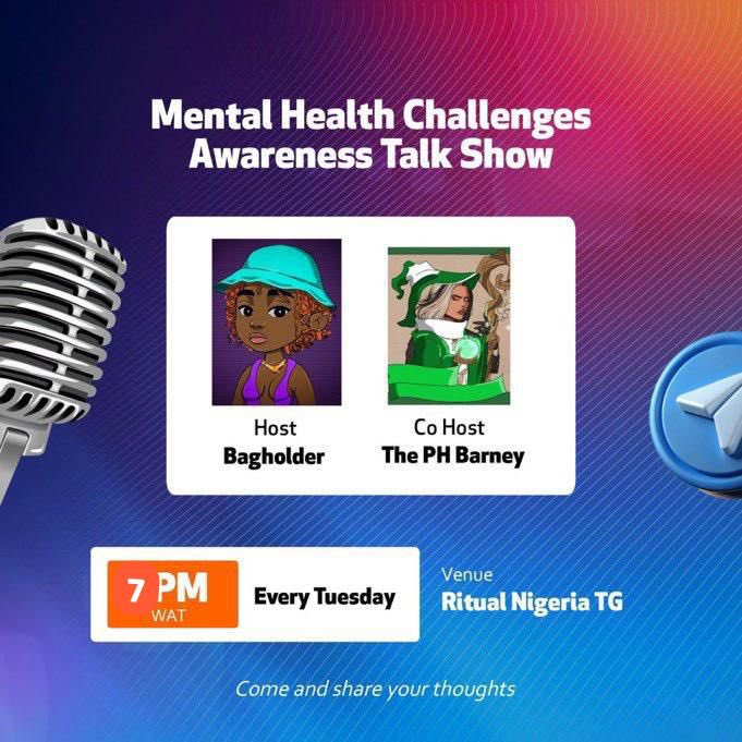 Mental Health Matters! Episode 6

Join us every Tuesday at 7PM WAT for the Mental Health Challenges Awareness Talk Show🗣️

🎙️ Host: myself (Bagholder)
🎙️ Co-Host: <a href="/Softieeexx/">the ph Barney (❖,❖)</a> 
📍 Venue: Ritual Nigeria TG (Telegram)

Let’s talk, heal &amp; grow together.  
Your voice matters.💚