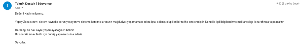 IBerkayT's tweet photo. @mtkaynar @YAGMURKALYONCU_ @TCSanayi @mfatihkacir Böyle bir yanıt geldi bana sınav iptal edilmiş https://t.co/FNond5riKj