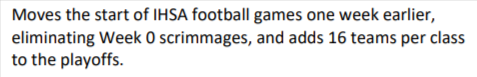 EBFootball's tweet image. IHSA membership votes have been counted and two proposals that affect football passed. Playoffs will be expanded to 48 teams per class, and no more scrimmage game (that's now the first game). Also, a 'dead week' for July 4. I don't see a change to the August dead week.