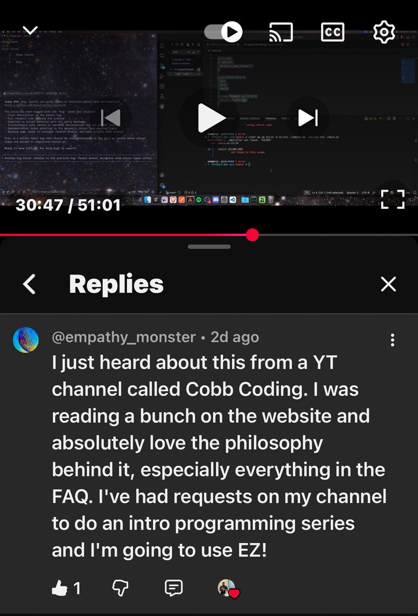 SuperMarshall64's tweet image. People are already liking my programming language😎

@cobbcoding  cameo in the comments