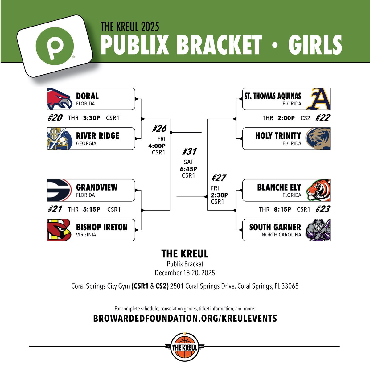KreulClassic's tweet photo. The 2025 @KreulClassic begins Thursday 

Here is the Girls @Publix bracket

@BishopIretonWBB @girls_ely @doralgirlsbball @GVPBasketball @HolyTrinityGBB @rrknightsgbb @SouthGarnerAD @STA_Raiders https://t.co/qtr9jgbDcK