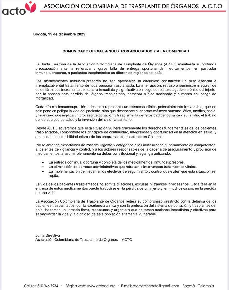 Pacientes con trasplante de órganos sin medicamentos: Después de años de espera y lucha, un trasplante debería significar vida. Sin embargo, la falta de medicamentos pone en riesgo a los pacientes trasplantados y el éxito de sus tratamientos. 🫁🫀 <a href="/ACTOCOL/">Asociacion Colombiana de Trasplante de Órganos</a>
