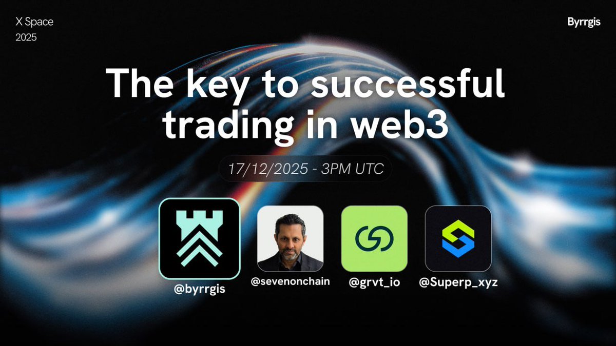 byrrgis's tweet image. We’re going live on X Spaces! 🎙️

Let's talk about The Key to Successful Trading in Web3! 
🗓️ Tomorrow, Dec 17th
🕒 3PM UTC
📍 Right here on X

Join us and some of the sharpest minds in the space:
@sevenonchain, @grvt_io, @Superp_xyz

Set your reminder below, this one’s not to…