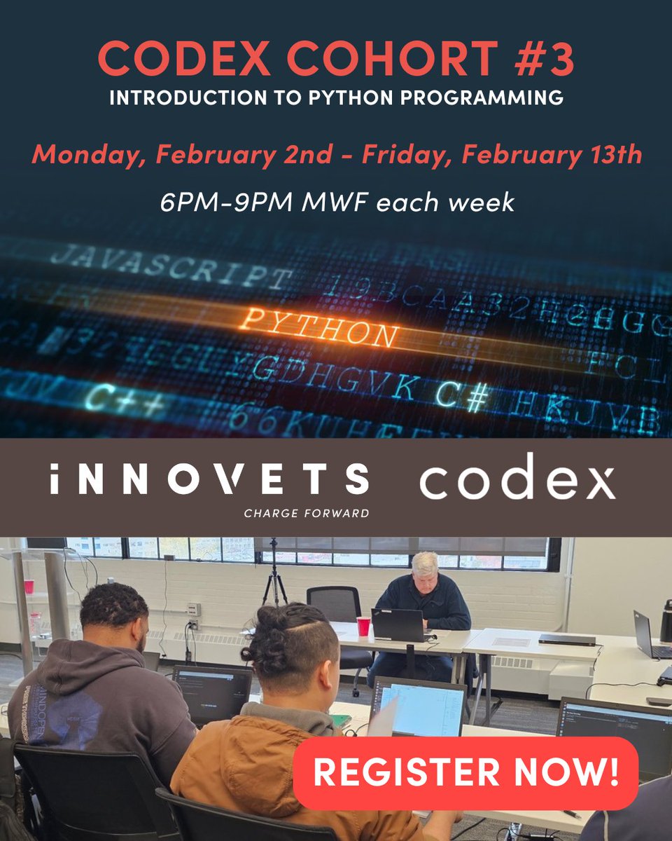 InnoVets_US's tweet image. CodeX Cohort #3: Intro to Python runs Feb 2–13 for veterans &amp;amp; military-connected learners building tech skills.
Classes meet Mon/Wed/Fri, 6–9 PM.

👉 Register via Linktree in bio → Upcoming Events or:
bit.ly/4rZIv3Z