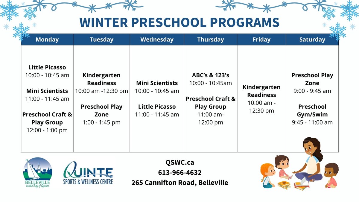 Preschool Winter programs start in January! Registration is open. Call 613-966-4632 or visit QSWC.ca to learn more.
