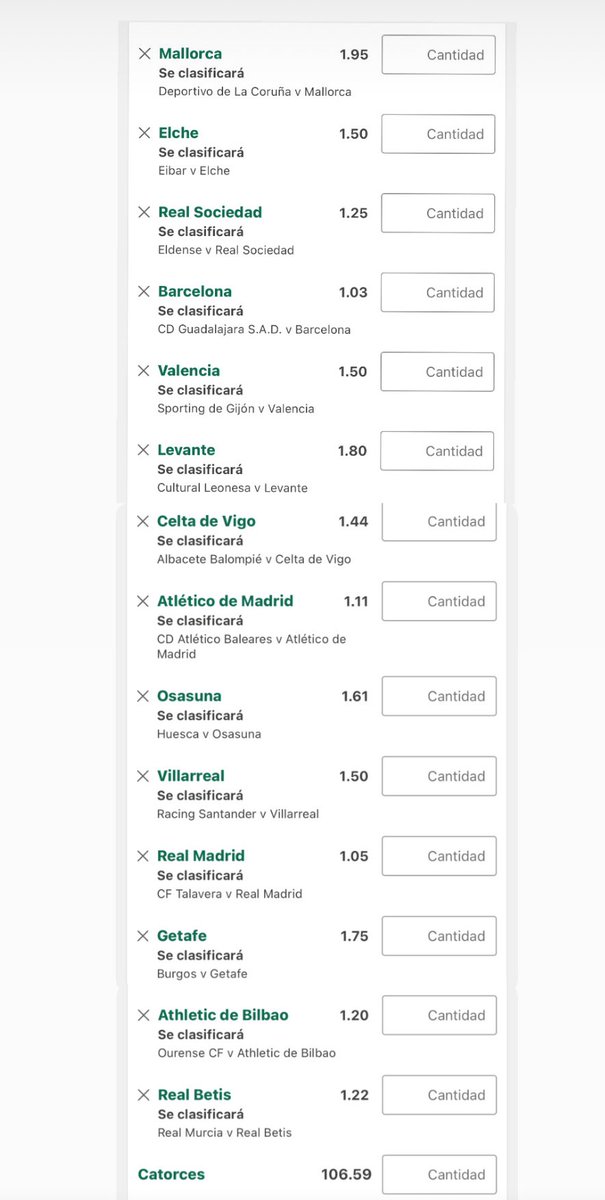 Sé que siempre hay alguna sorpresa, pero cuota 106 a que se clasifican todos los equipos de Primera División en esta ronda de la Copa del Rey???

Tengo que probarla…🙏🏼🙏🏼🙏🏼🙏🏼🙏🏼