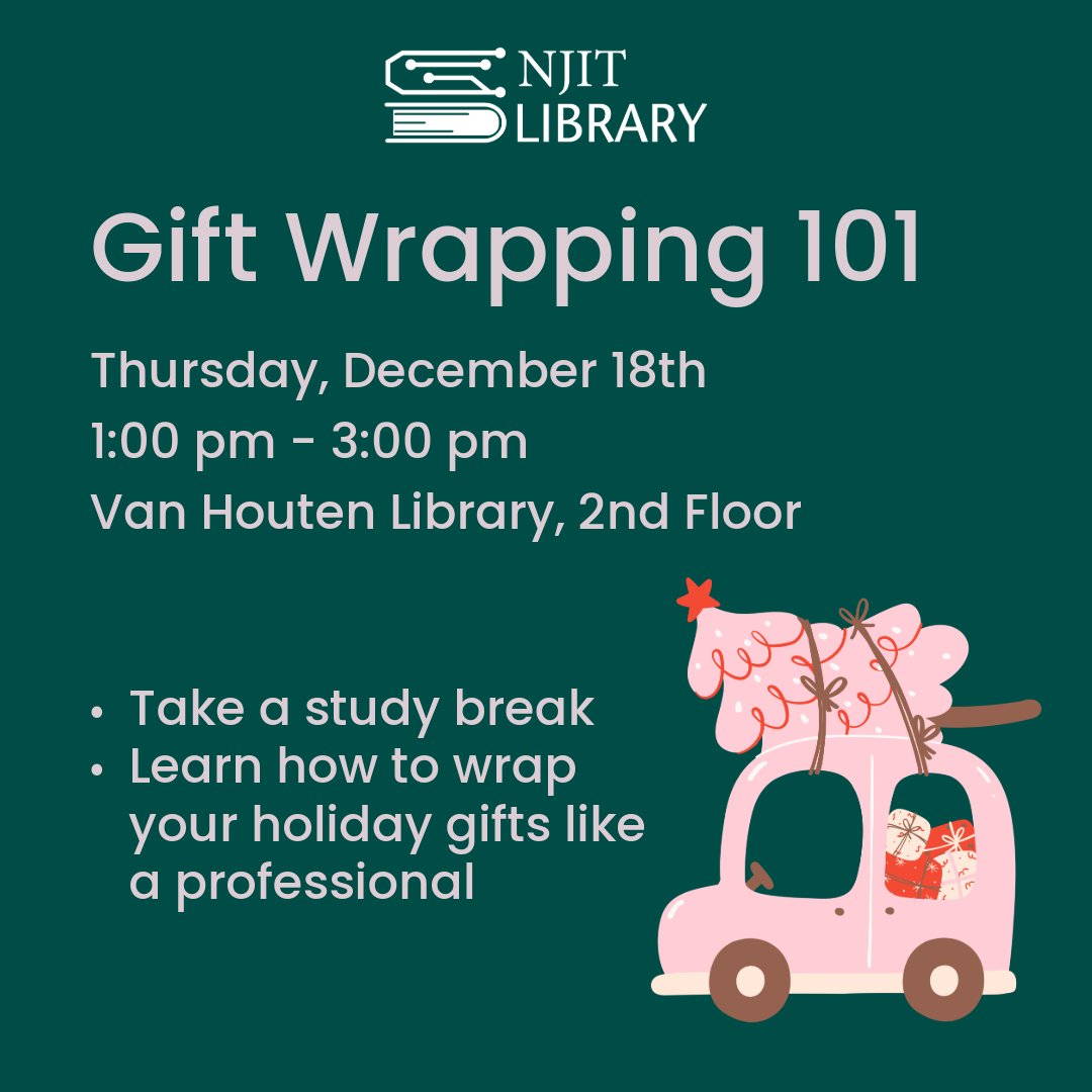 NJITLibrary's tweet photo. Join us on Thursday, December 18th from 1:00 pm - 3:00 pm in the Van Houten Library in Faculty Commons for study break and learn how to wrap your holiday gifts like a professional! You bring the gifts, we'll bring everything else!

#njitlibrary #giftwrapping #holiday #holidays https://t.co/30OyEYhYko