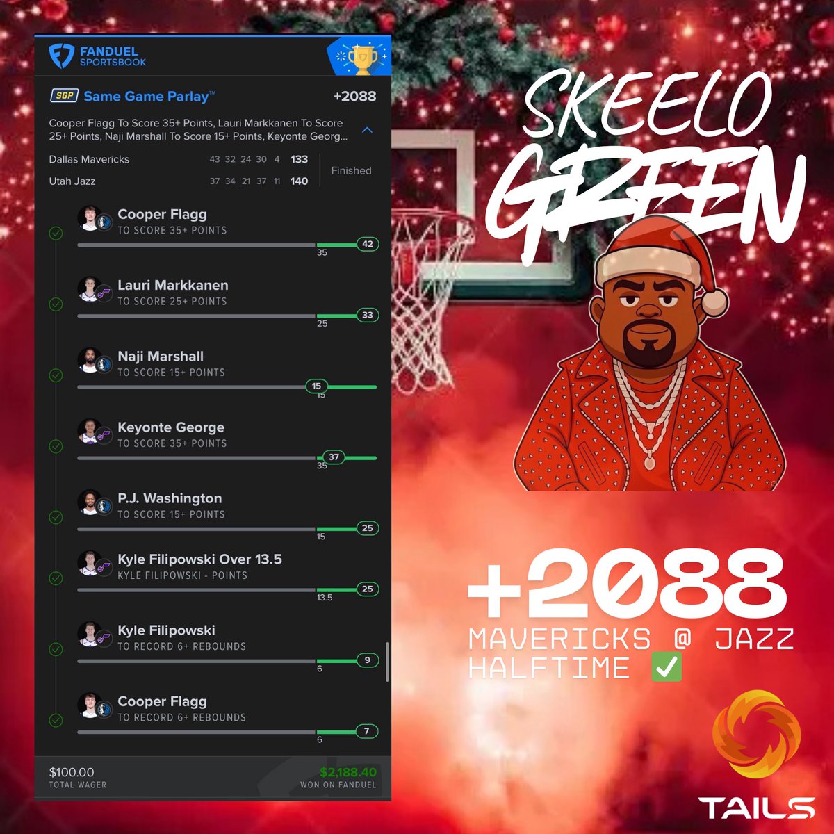 Operation Save Christmas 🎄🎅 

Cashed two HT slips last night!

+3654 💰✅ 
+2088 💰✅ 

Up +67.5 units over the L3 days in the VIP 💎 The Christmas countdown is on, we have 9 days to save Christmas! 🎄👀 🤯 

3-Day VIP 💎 Trial is OPEN. 🔗 ⬇️ 

<a href="/Tails_Picks/">Tails</a>