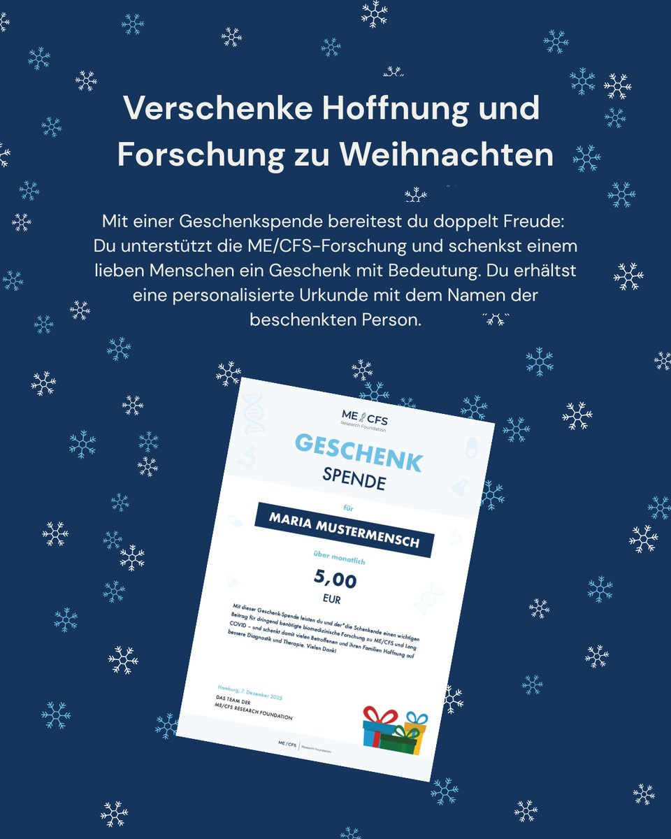 MECFSResearch's tweet image. Hoffnung zu Weihnachten verschenken 🎄
Als Einzelspende oder Spenden-Abo unterstützt du die #mecfsforschung und schenkst einem lieben Menschen etwas mit Bedeutung. Dein Geld bewegt konkret etwas inkl. personalisierter Urkunde. 👉 mecfs-research.org/spendenabo