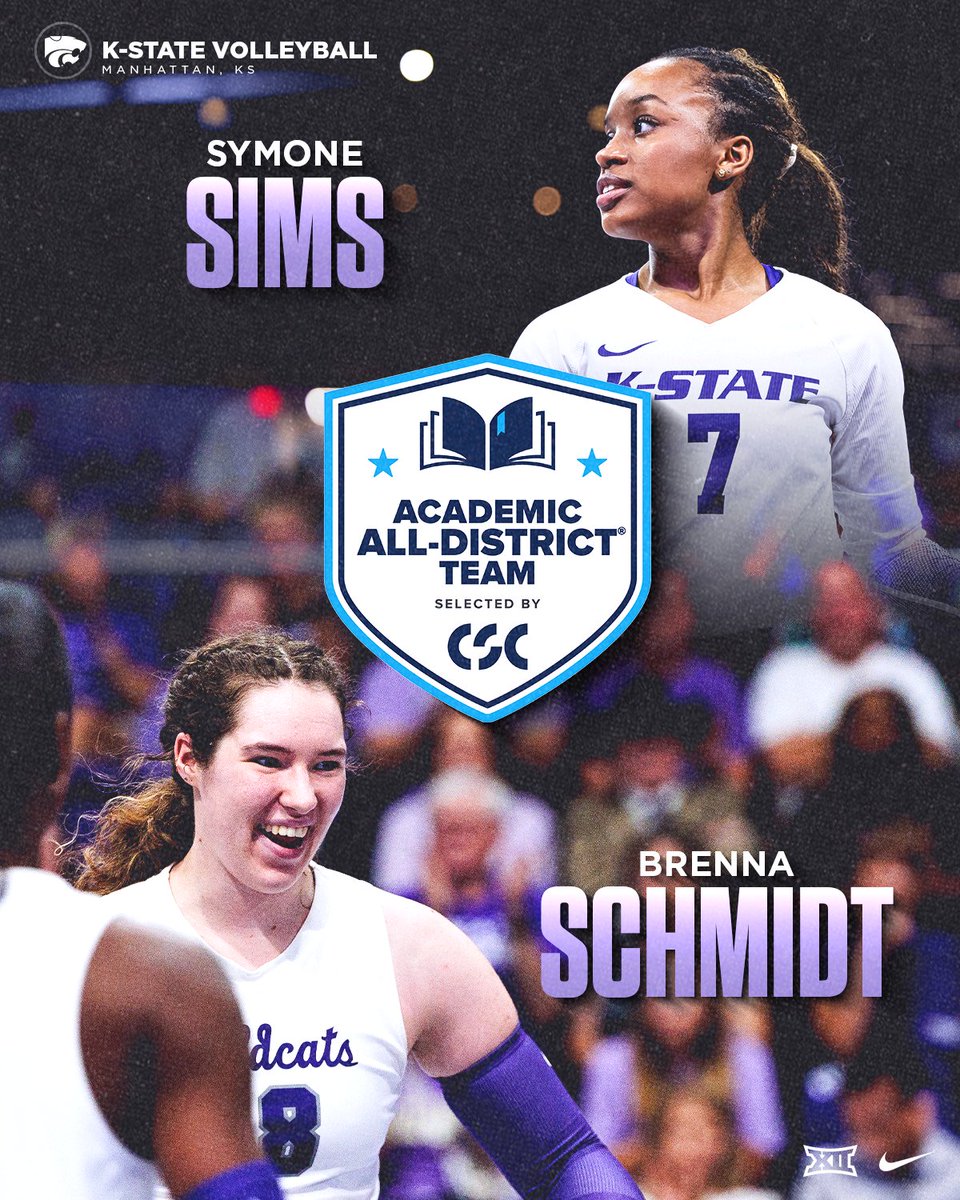 KStateVB's tweet image. Congrats to Brenna Schmidt and Symone Sims on being named to the CSC Academic All-District team⭐️

🔗bit.ly/4j04XpH
