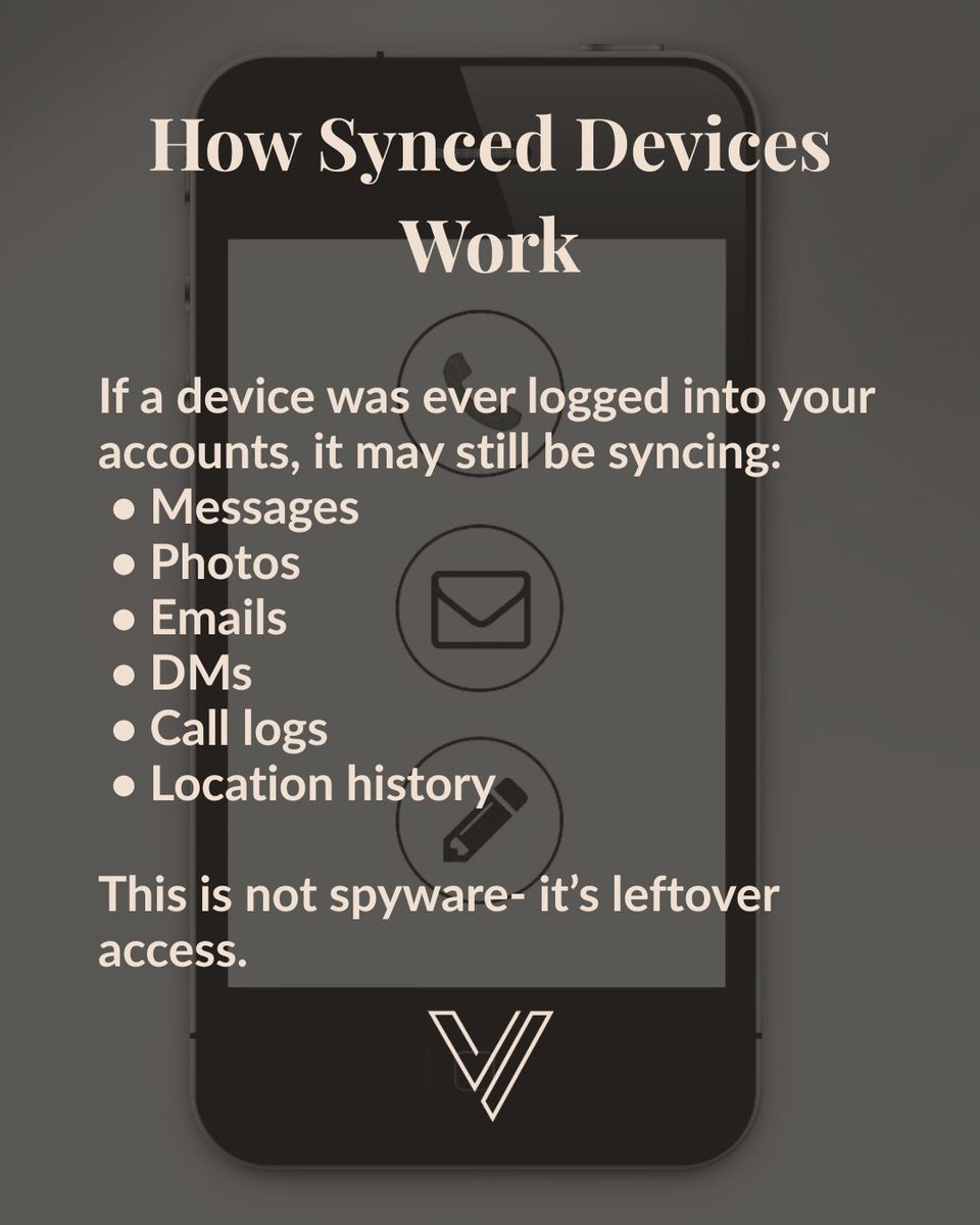 VeridianLegal's tweet photo. Tech Abuse Tuesday:
Synced devices- a common way abusers still see your messages 🔒
If you ever logged into:
• A shared laptop
• A MacBook with iMessage
• An old tablet
• A browser you forgot about
…it may still be syncing your data.
Not hacking.
Just leftover access.
#TechAbuseTuesday #DigitalSafety #SurvivorSupport
